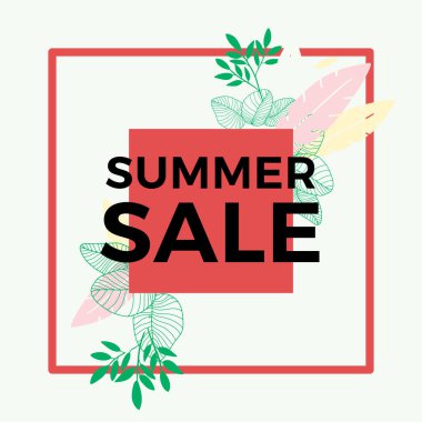 Tropikal yaprak arkaplanlı yaz indirimi afişi tasarımı. Çiçek arka plan vektörü. Palmiye yaprakları, canavar yaprağı, duvar çerçevesi, duvar resimleri, davetiye, poster için botanik arka plan tasarımı