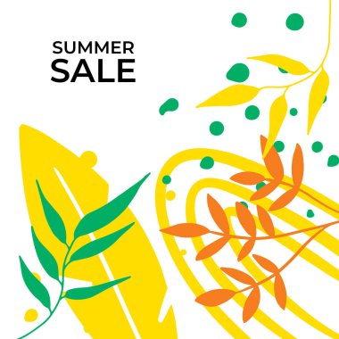 Tropikal yaprak arkaplanlı yaz indirimi afişi tasarımı. Çiçek arka plan vektörü. Palmiye yaprakları, canavar yaprağı, duvar çerçevesi, duvar resimleri, davetiye, poster için botanik arka plan tasarımı