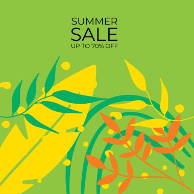Tropikal yaprak arkaplanlı yaz indirimi afişi tasarımı. Çiçek arka plan vektörü. Palmiye yaprakları, canavar yaprağı, duvar çerçevesi, duvar resimleri, davetiye, poster için botanik arka plan tasarımı
