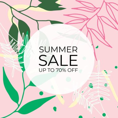 Tropikal yaprak arkaplanlı yaz indirimi afişi tasarımı. Çiçek arka plan vektörü. Palmiye yaprakları, canavar yaprağı, duvar çerçevesi, duvar resimleri, davetiye, poster için botanik arka plan tasarımı