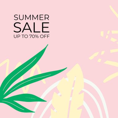 Tropikal yaprak arkaplanlı yaz indirimi afişi tasarımı. Çiçek arka plan vektörü. Palmiye yaprakları, canavar yaprağı, duvar çerçevesi, duvar resimleri, davetiye, poster için botanik arka plan tasarımı