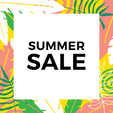 Tropikal yaprak arkaplanlı yaz indirimi afişi tasarımı. Çiçek arka plan vektörü. Palmiye yaprakları, canavar yaprağı, duvar çerçevesi, duvar resimleri, davetiye, poster için botanik arka plan tasarımı