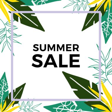 Tropikal yaprak arkaplanlı yaz indirimi afişi tasarımı. Çiçek arka plan vektörü. Palmiye yaprakları, canavar yaprağı, duvar çerçevesi, duvar resimleri, davetiye, poster için botanik arka plan tasarımı
