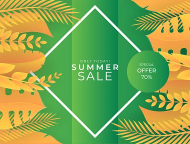 Sosyal medya çiçekli bir şablon yayınladı ve arkasında elementler bıraktı. Taze yeşil yaz arkaplanı, palmiye, yaprak, canavar. Davetiye, kartpostal, moda satışı için vektör illüstrasyonu