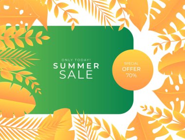 Sosyal medya çiçekli bir şablon yayınladı ve arkasında elementler bıraktı. Taze yeşil yaz arkaplanı, palmiye, yaprak, canavar. Davetiye, kartpostal, moda satışı için vektör illüstrasyonu