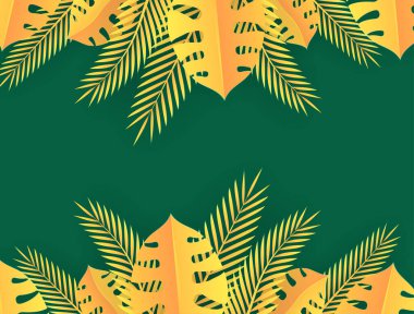 Sosyal medya çiçekli bir şablon yayınladı ve arkasında elementler bıraktı. Taze yeşil yaz arkaplanı, palmiye, yaprak, canavar. Davetiye, kartpostal, moda satışı için vektör illüstrasyonu