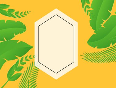 Sosyal medya çiçekli bir şablon yayınladı ve arkasında elementler bıraktı. Taze yeşil yaz arkaplanı, palmiye, yaprak, canavar. Davetiye, kartpostal, moda satışı için vektör illüstrasyonu