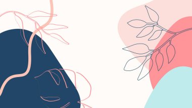 Toprak tonunda bitki örtüsü, çiçek ve geometrik elementlere sahip organik arka plan. Sosyal medya paylaşımları, mobil uygulamalar, afişler tasarımı ve internet reklamları için. Moda boho arka planı