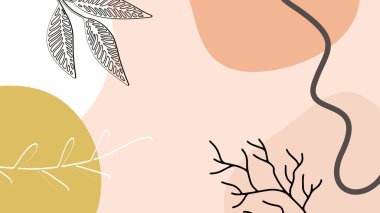 Toprak tonunda bitki örtüsü, çiçek ve geometrik elementlere sahip organik arka plan. Sosyal medya paylaşımları, mobil uygulamalar, afişler tasarımı ve internet reklamları için. Moda boho arka planı