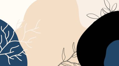 Toprak tonunda bitki örtüsü, çiçek ve geometrik elementlere sahip organik arka plan. Sosyal medya paylaşımları, mobil uygulamalar, afişler tasarımı ve internet reklamları için. Moda boho arka planı