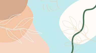 Toprak tonunda bitki örtüsü, çiçek ve geometrik elementlere sahip organik arka plan. Sosyal medya paylaşımları, mobil uygulamalar, afişler tasarımı ve internet reklamları için. Moda boho arka planı