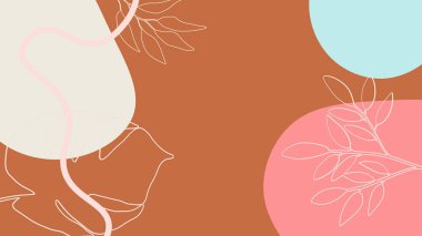 Toprak tonunda bitki örtüsü, çiçek ve geometrik elementlere sahip organik arka plan. Sosyal medya paylaşımları, mobil uygulamalar, afişler tasarımı ve internet reklamları için. Moda boho arka planı