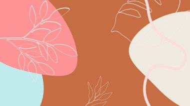 Toprak tonunda bitki örtüsü, çiçek ve geometrik elementlere sahip organik arka plan. Sosyal medya paylaşımları, mobil uygulamalar, afişler tasarımı ve internet reklamları için. Moda boho arka planı