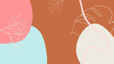 Toprak tonunda bitki örtüsü, çiçek ve geometrik elementlere sahip organik arka plan. Sosyal medya paylaşımları, mobil uygulamalar, afişler tasarımı ve internet reklamları için. Moda boho arka planı