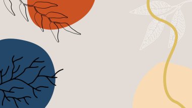 Toprak tonunda bitki örtüsü, çiçek ve geometrik elementlere sahip organik arka plan. Sosyal medya paylaşımları, mobil uygulamalar, afişler tasarımı ve internet reklamları için. Moda boho arka planı