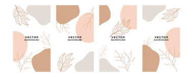 Toprak tonunda bitki örtüsü, çiçek ve geometrik elementlere sahip organik arka plan. Sosyal medya paylaşımları, mobil uygulamalar, afişler tasarımı ve internet reklamları için. Moda boho arka planı