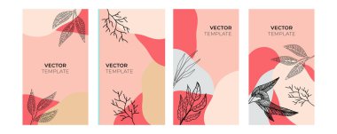 Çiçek ve geometrik elementlerle donatılmış sosyal medya hikayeleri. Sosyal medya paylaşımları, mobil uygulamalar, afişler tasarımı ve internet reklamları için. Moda bohem geçmişleri. Boho tarzı arkaplan