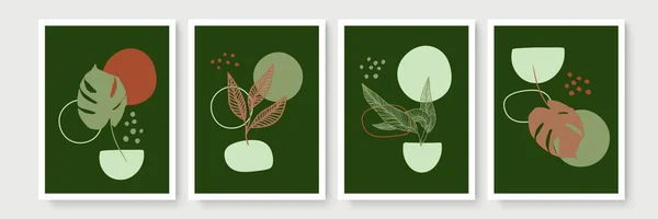 Botanische Muur Kunst Vector Set Aardetoon Boho Gebladerte Lijn Kunst — Stockvector