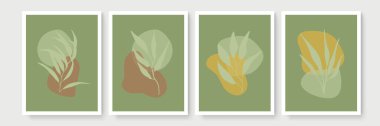 Botanik duvar sanat vektörü ayarlandı. Soyut şekilli, toprak tonunda boho yaprağı çizimi. Baskı, kapak, duvar kağıdı, asgari ve doğal duvar sanatı için soyut bitki sanatı tasarımı