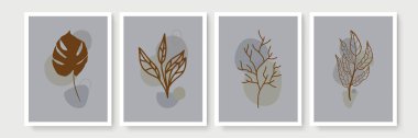 Botanik duvar sanat vektörü ayarlandı. Soyut şekilli, toprak tonunda boho yaprağı çizimi. Baskı, kapak, duvar kağıdı, asgari ve doğal duvar sanatı için soyut bitki sanatı tasarımı