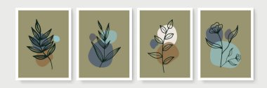 Botanik duvar sanat vektörü ayarlandı. Soyut şekilli, toprak tonunda boho yaprağı çizimi. Baskı, kapak, duvar kağıdı, asgari ve doğal duvar sanatı için soyut bitki sanatı tasarımı