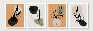 Botanik duvar sanat vektörü ayarlandı. Soyut şekilli, toprak tonunda boho yaprağı çizimi. Baskı, kapak, duvar kağıdı, asgari ve doğal duvar sanatı için soyut bitki sanatı tasarımı