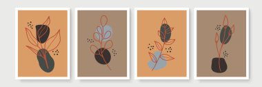 Botanik duvar sanat vektörü ayarlandı. Soyut şekilli, toprak tonunda boho yaprağı çizimi. Baskı, kapak, duvar kağıdı, asgari ve doğal duvar sanatı için soyut bitki sanatı tasarımı