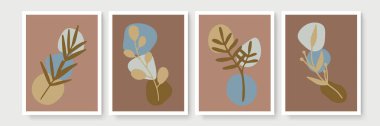 Botanik duvar sanat vektörü ayarlandı. Soyut şekilli, toprak tonunda boho yaprağı çizimi. Baskı, kapak, duvar kağıdı, asgari ve doğal duvar sanatı için soyut bitki sanatı tasarımı