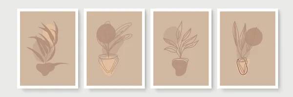 Botanische Muur Kunst Vector Set Aardetoon Boho Gebladerte Lijn Kunst — Stockvector