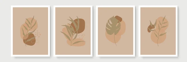 Botanische Muur Kunst Vector Set Aardetoon Boho Gebladerte Lijn Kunst — Stockvector