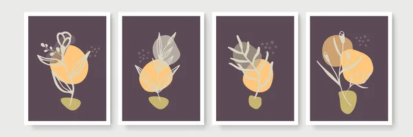 Botanische Muur Kunst Vector Set Aardetoon Boho Gebladerte Lijn Kunst — Stockvector