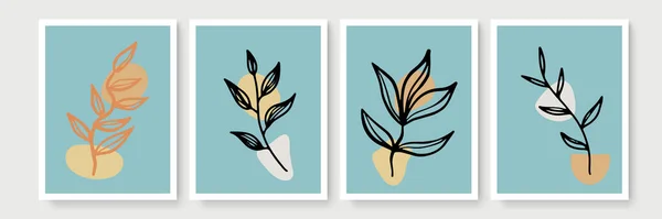 Botanische Muur Kunst Vector Set Aardetoon Boho Gebladerte Lijn Kunst — Stockvector