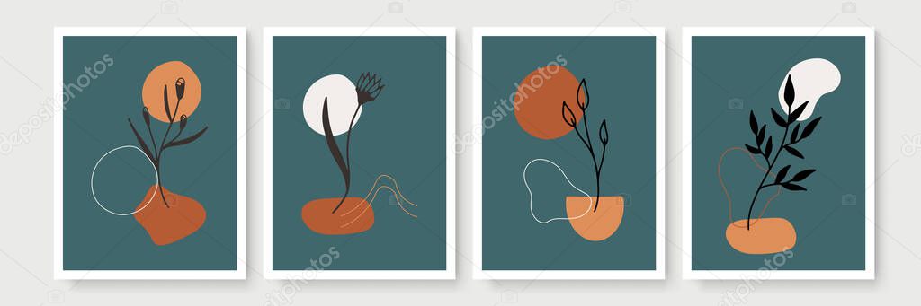 Botanical wall art vector set. Earth tone boho foliage line art drawing with abstract shape. Abstract Plant Art design for print, cover, wallpaper, Minimal and natural wall art