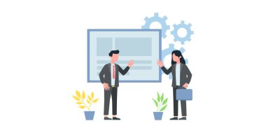 Dijital teknoloji kavramı, iş grafikleriyle çalışma, başarıya giden kariyer gelişimi. Genç adam dizüstü bilgisayarla oturur ve sohbette yeniden yazar. Vektör düz resimleme