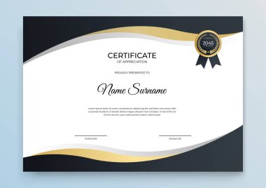 Altın dalgalı ve beyaz temiz modern baskı şablonu için soyut geometrik şekilli sertifika şablonu