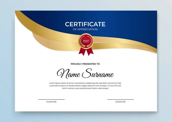 Modelo Certificado Azul Dourado Curso Line Moderno Diploma Design Certificado — Vetor de Stock