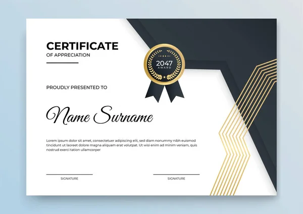 Plantilla Certificado Azul Oro Curso Línea Moderno Diploma Diseño Certificado — Vector de stock