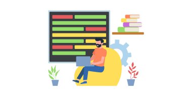 Video konferans illüstrasyonu. Bilgisayar ekranındaki insanlar iş arkadaşlarıyla birlikte. Video konferans ve online toplantı çalışma alanı vektör sayfası. Çevrimiçi video konferansı, iş adamları illüstrasyonu