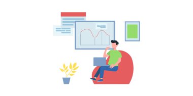 Video konferans illüstrasyonu. Bilgisayar ekranındaki insanlar iş arkadaşlarıyla birlikte. Video konferans ve online toplantı çalışma alanı vektör sayfası. Çevrimiçi video konferansı, iş adamları illüstrasyonu