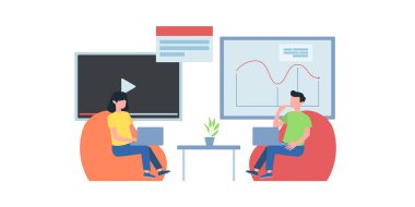 Video konferans illüstrasyonu. Bilgisayar ekranındaki insanlar iş arkadaşlarıyla birlikte. Video konferans ve online toplantı çalışma alanı vektör sayfası. Çevrimiçi video konferansı, iş adamları illüstrasyonu