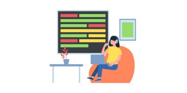 Video konferans illüstrasyonu. Bilgisayar ekranındaki insanlar iş arkadaşlarıyla birlikte. Video konferans ve online toplantı çalışma alanı vektör sayfası. Çevrimiçi video konferansı, iş adamları illüstrasyonu