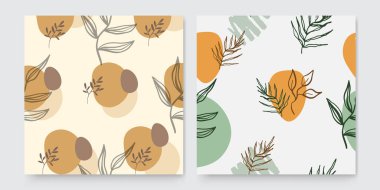 Çiçekli ve geometrik elementlere sahip soyut kare sanat şablonları. Sosyal medya paylaşımları, mobil uygulamalar, afişler tasarımı ve internet reklamları için uygun. Moda geçmişleri