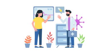 Aşılama. Düz pediatri aşısı. Genç doktor, hasta çocuğu muayene et. Grip enjeksiyonu önleyici yetişkin ve çocuk vektörü ayarlandı. İllüstrasyon aşısı kontrolü sağlıklı, gribe karşı enjeksiyon...