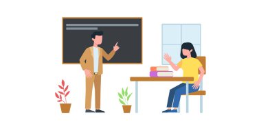 İş görüşmesi illüstrasyonu. Ders vermek için. Adam iş ekibiyle internet üzerinden konferans görüşmesi yapıyor.