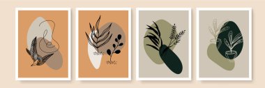 Boho poster seti. Botanik duvar sanat vektörü ayarlandı. Soyut şekilli boho yaprağı çizimi. Baskı, kapak, duvar kağıdı için soyut Bitki Sanatı tasarımı