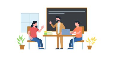 İş görüşmesi illüstrasyonu. Grup çalışması kursu. Adam iş ekibiyle internet üzerinden konferans görüşmesi yapıyor.