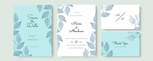 Elegante Tarjeta Invitación Boda Acuarela Con Hojas Azules — Vector de stock