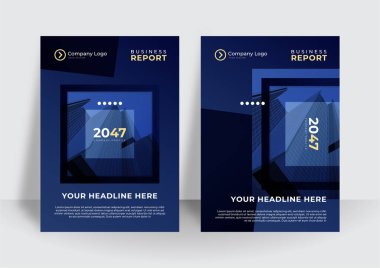 Koyu mavi kapaklı iş broşürü vektör tasarımı. Modern poster dergisi düzeni, sunum için yıllık rapor