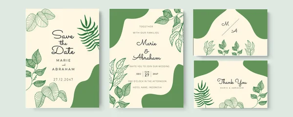 Красивий Шаблон Запрошення Весілля Намальованим Вручну Квітковим Зеленим Листям — стоковий вектор
