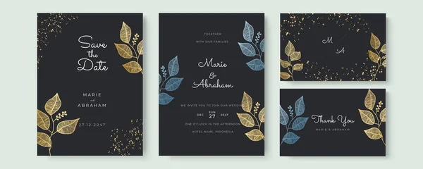Beautiful Wedding Invitation Template Hand Drawn Floral Leaves Black Gold — Stock Vector